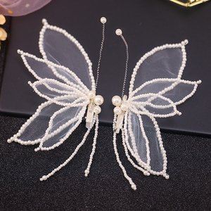 新款手工串珠蝴蝶对夹超仙新娘发饰结婚纱礼服宴会跟妆发夹头饰品