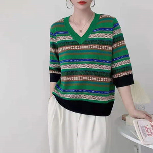 千日红店2022春季新款欧货v领羊毛七分袖彩条纹针织衫宽松t恤女装