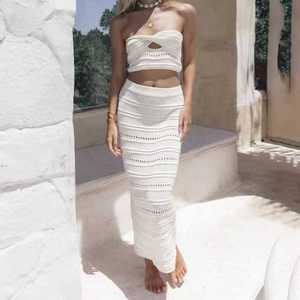 欧美性感镂空针织抹胸半裙沙滩套装 Knitted strapless skirt set