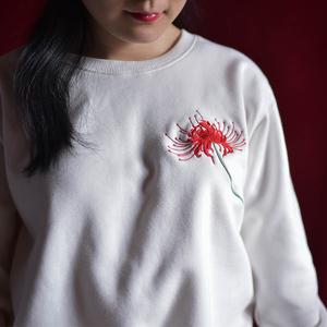 国潮秋冬新款套头刺绣彼岸花曼珠沙华厚卫衣圆领长袖保暖加绒男女