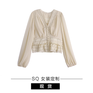 SQ 仙女的蕾丝衬衫 V领气质显瘦压褶灯笼袖雪纺珍珠扣上衣