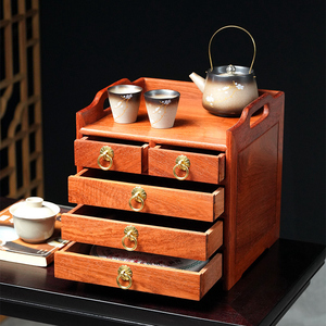 缅甸花梨普洱茶盒实木茶饼收纳盒红木分茶盘茶叶收纳架抽屉储藏柜