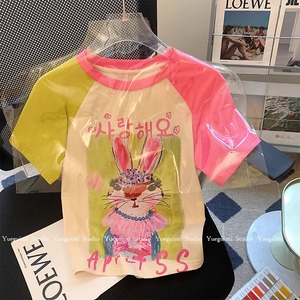 拼接撞色短袖t恤女夏季新款设计感小众小个子兔子短款纯棉上衣桖