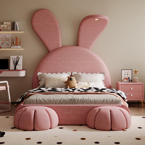 儿童床女孩公主床粉色实木单人床网红绒布艺兔子床轻奢多功能皮床
