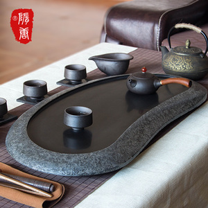 乌金石茶盘天然石头茶盘大号排水石材茶具小号黑金石茶海复古茶台