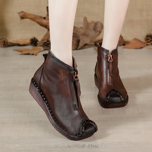 景本色全牛皮复古民族风牛筋厚底坡跟真皮女短靴狐姬女鞋加绒棉鞋