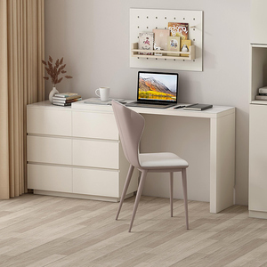 法式岩板小户型家用双人书桌斗柜一体卧室多功能伸缩转角写字桌窄