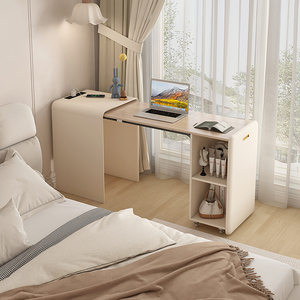奶油风隐形可折叠实木书桌书柜一体家用卧室床头伸缩电脑桌储物柜