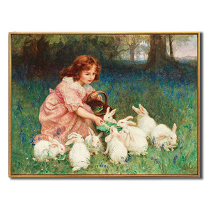 欧美外国西方乡村小女孩喂兔子油画壁画横版打印挂画电表画