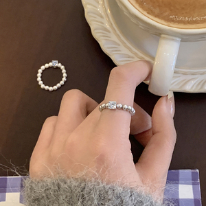 方糖锆钻纯银叠戴施华洛正圆珍珠戒指小众设计女食指环尾戒高级感