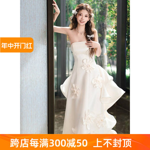 韩式轻婚纱高级感轻奢花朵森系出门纱白色抹胸超仙名媛宴会礼服裙