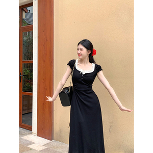 黑色假两件连衣裙女夏季新款简约风韩版修身显瘦复古高级感长裙子