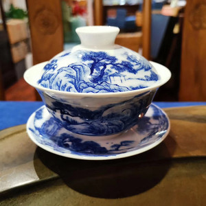 景德镇【九段烧】妙手青花款 青花山水盖碗 全手工手绘茶具 包邮