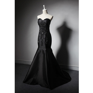 missqian 黑色鱼尾缎面晚礼服小拖尾宴会年会长款礼服裙