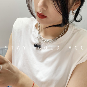 吃金acc黑色樱桃车厘子肽钢链条ins风锁骨链个性酷项链女choker