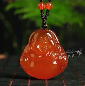 天然正品玛瑙红笑弥勒佛公吊坠 冰种红色玉髓毛衣链玉佩女本命年