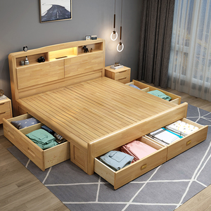 全实木气压高箱床1.35现代简约1.5米双人收纳储物侧开1.8m抽屉床