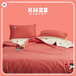 韩国KHSS夏季新款卡通简约红色樱桃可爱小猫绣花全棉夏凉被四件套