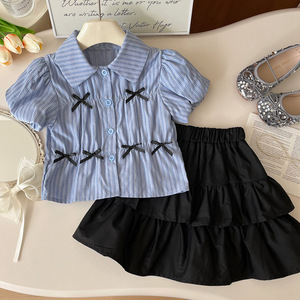 夏季新款女童短袖套装学院风条纹蝴蝶衬衫黑色蛋糕裙半身裙两件套