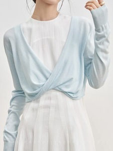 扭结防晒针织开衫空调罩衫女夏季蓝色短款交叉设计感冰丝薄款上衣