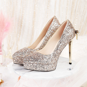 水晶鞋女结婚主婚纱礼服新娘鞋防水台12cm走秀蝴蝶结浅色高跟单鞋