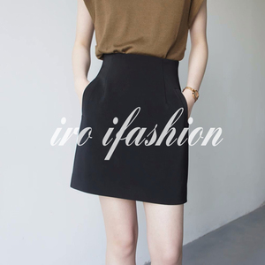 iro ifashion夏季简约黑色遮胯显瘦高腰口袋A字半身裙小众短裙子