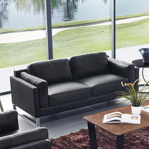 黑色办公沙发茶几组合商务接待会客区办公室真皮公司大厅北欧极简