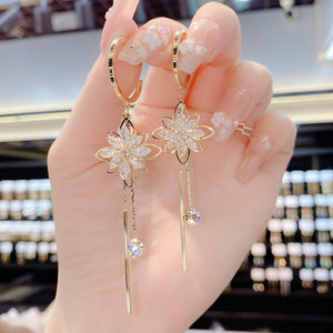 韩国水晶花朵流苏耳环女纯银小众设计感高级冷性风2024新款耳饰品