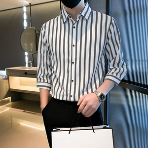夏季商务轻熟风衬衫男黑白条纹中袖韩版修身短袖七分袖衬衣百搭潮