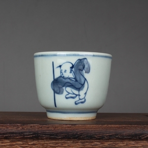 晚清民窑青花功夫童子人物茶杯古玩古董陶瓷器仿古老货收藏品茗杯