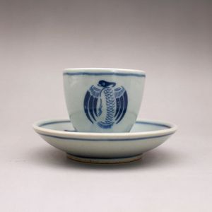 仿古瓷器青花团鹤纹小茶杯带托杯 古玩古董陶瓷器仿古老货收藏品