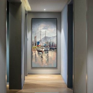 纯手绘油画风景帆船入户玄关装饰画现代客厅竖版挂画过道走廊壁画