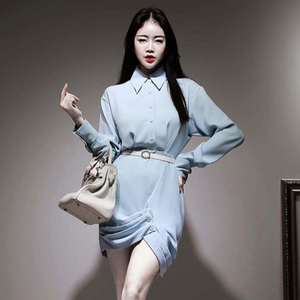 韩国名媛ol气质翻领直排扣收腰显瘦个性不规则褶皱下摆衬衫连衣裙