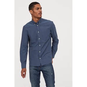 h&m专柜正品 hm男装2020春秋新水洗棉质长袖牛津衬衫上衣0795836
