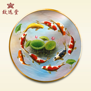 高档手绘九鱼图荷花油画客厅玄关书房圆形锦鲤鱼风水招财装饰挂画