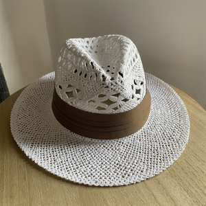 夏季白色礼帽镂空巴拿马草帽遮阳大沿防晒沙滩帽子女夏天爵士帽潮