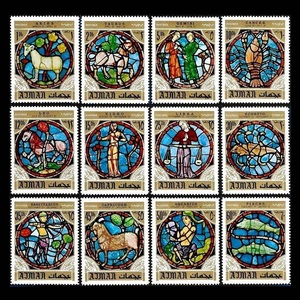 阿治曼 全新 邮票 1971 黄道宫 十二 星座 教堂玻璃窗格画