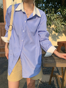 韩版设计感小众蓝条纹撞色衬衫女宽松男友风百搭显瘦上衣法式衬衣