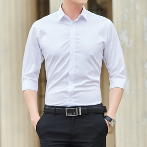 白色衬衫男短袖修身韩版男士休闲七分袖衬衣潮流薄款夏季中袖寸衣