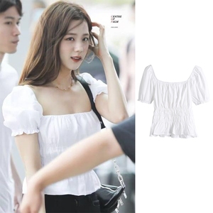 韩国金智秀明星同款夏装法式泡泡袖白色衬衫上衣服女方领露肩锁骨