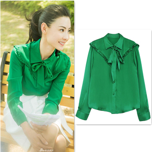 明星张柏芝同款绿色衬衫系带蝴蝶结时尚通勤花边长袖衬衣女春夏季