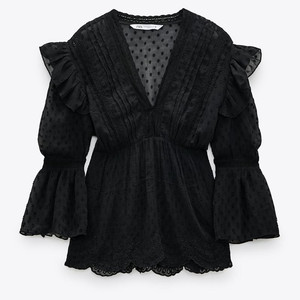 1381023xu zara ur法式v领薄纱收腰上衣黑色衬衫女秋 01381023800