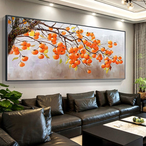 客厅手绘油画柿子沙发欧式横幅简约轻奢装饰现代挂画事事如意喜鹊
