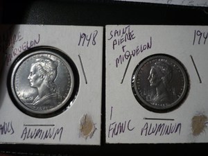 1948年 法属圣皮埃尔和密克隆 全套2枚铝币 全新原光 较少 特价