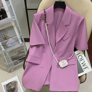 紫色薄款短袖西装外套女2024年夏季新款高级设计感小众通勤小西服