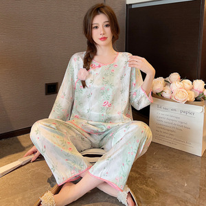 新中式睡衣女高级感山水画圆领春夏冰雪丝长袖薄款丝绸家居服套装