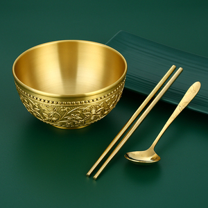 进口纯铜碗5英寸高档雕花米饭碗家用餐具套装黄铜筷勺面碗金饭碗