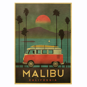 马里布加洲风景 MALIBU 复古牛皮纸海报宿舍酒吧室内装饰贴画挂画
