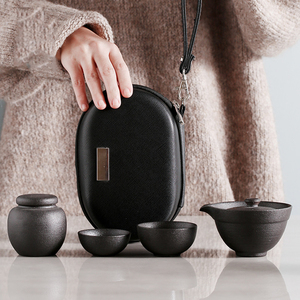 黑陶一壶二杯便携旅游日式旅行茶具套装便携包简约现代陶瓷快客杯