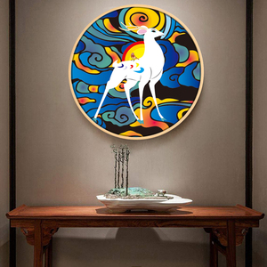 九色鹿吉祥中国风招财鹿新中式圆形入门玄关装饰画带框客厅艺术家